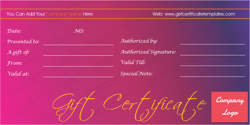 Magenta Splash Gift Certificate Template