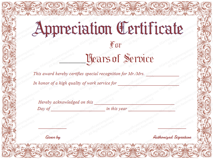 Appreciation Certificate for Years of Service