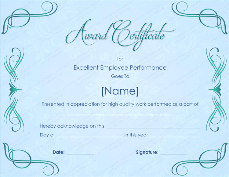 Excellent Employee Performance Award Certificate Template