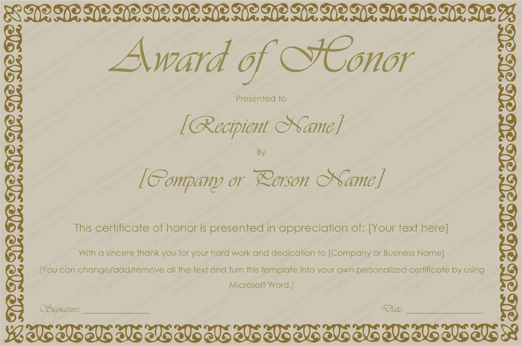 Printable Award of Honor Certificate Template