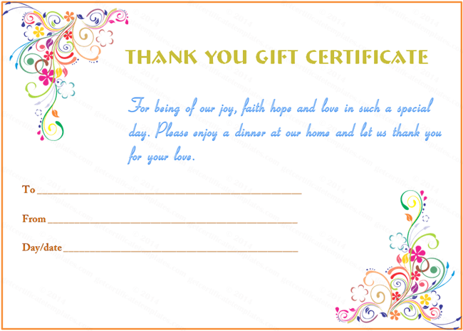 Special Day Thank You Gift Certificate Template